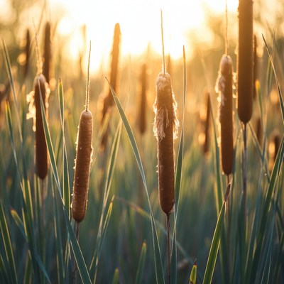 Cattails in sunlight at sunset