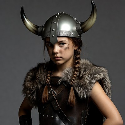 Viking girl in costume posing strong