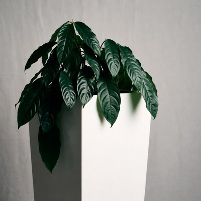 Houseplant in a white pot on a gray backdrop