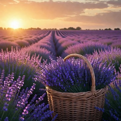 Lavender fields at sunset with basket