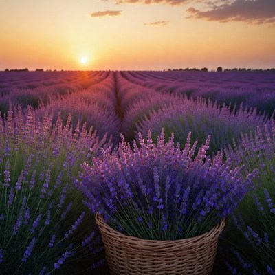 Lavender field at sunset with basket