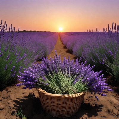 Lavender field at sunset near a basket