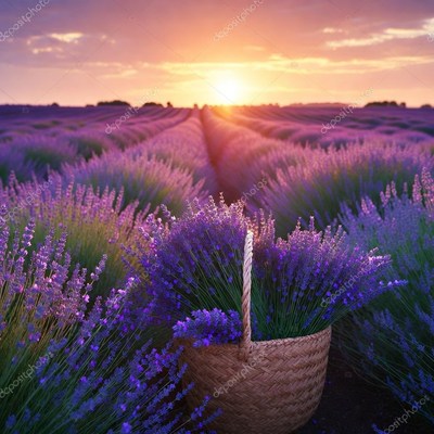 Lavender field at sunset with basket