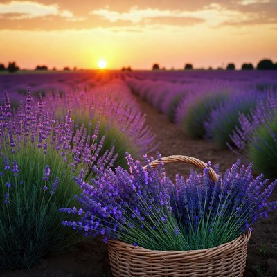 Lavender field at sunset with basket