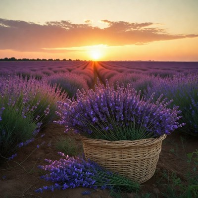 Lavender field at sunset with basket