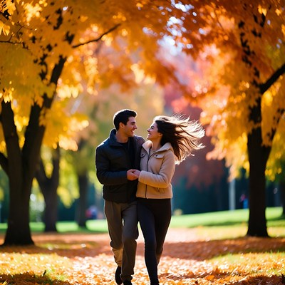 Couple walks in autumn park