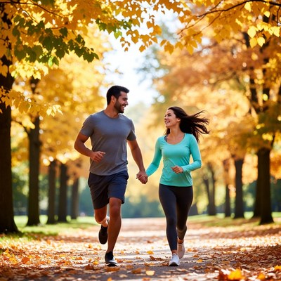 Couple running in autumn park