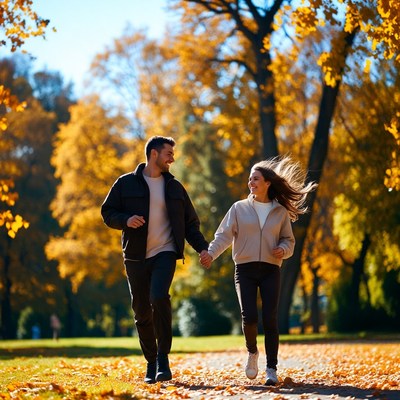 Young couple walks in autumn park