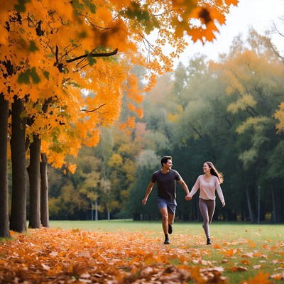 Couple running in autumn park