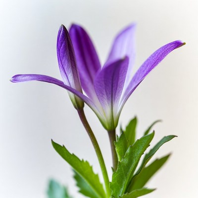 Purple flower with green leaves in focus