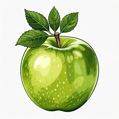 Green apple with leaves on stem