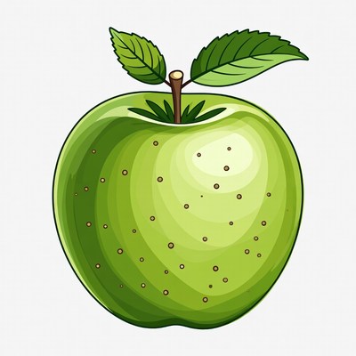 Green apple with leaves on branch