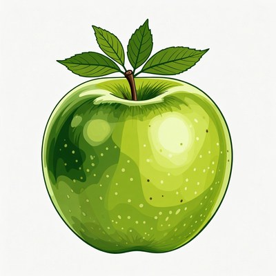 Fresh green apple with leaves on top