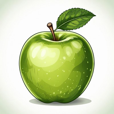 Green apple with leaf on stem
