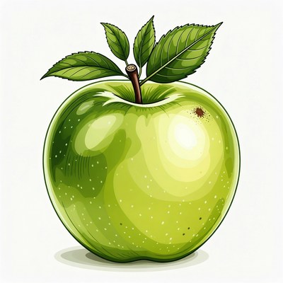 Green apple with leaves on a white background