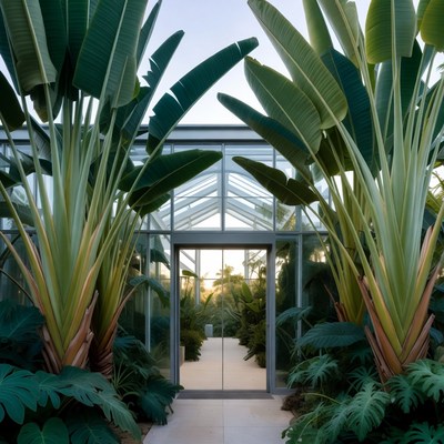 Entrance to a greenhouse with large plants
