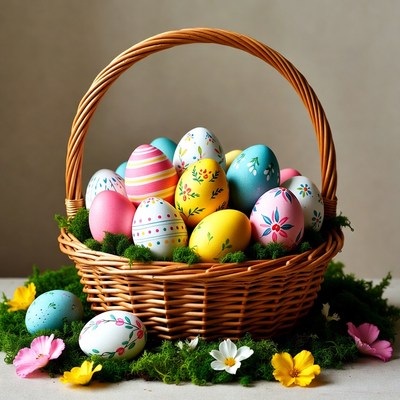 Colorful easter eggs in a basket