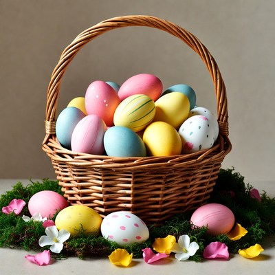 Colorful eggs in a basket