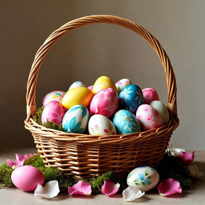 Colorful eggs in a woven basket