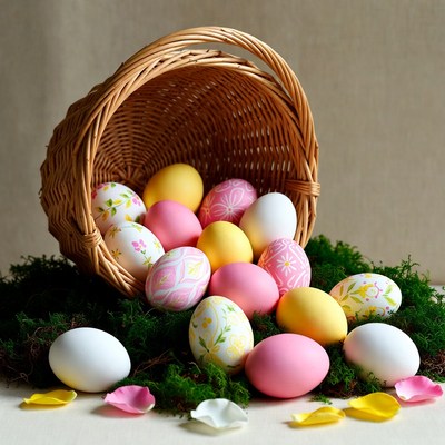 Colorful eggs in a basket