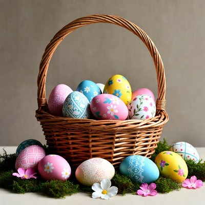 Colorful eggs in a basket for spring