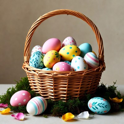 Colorful eggs in a basket