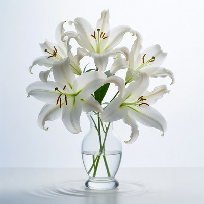 White lilies in glass vase on table