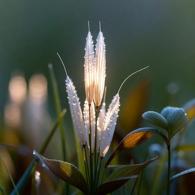 Dew on plants in early morning light