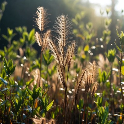 Grass swaying in sunlight during morning