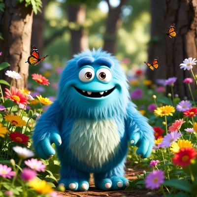Blue creature in flower garden