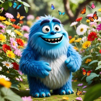 Blue creature in flower garden with butterflies