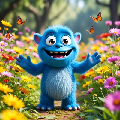 Blue monster in flower field