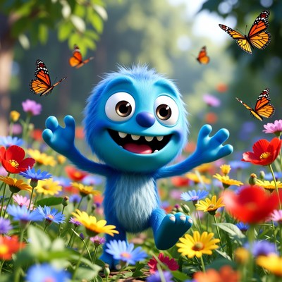 Happy blue creature in flower field