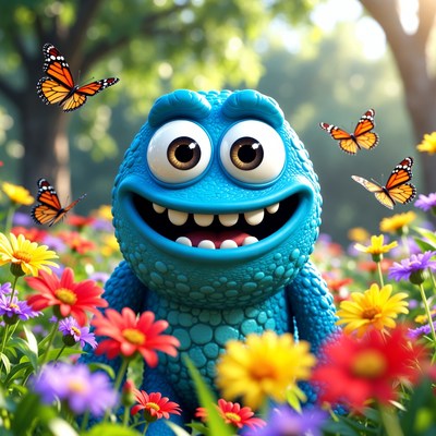 Blue character in flower field with butterflies