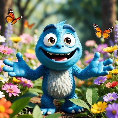 Blue creature in flower field with butterflies
