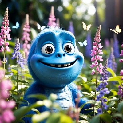 Blue creature in a flower garden