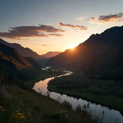 Sunset over river valley landscape