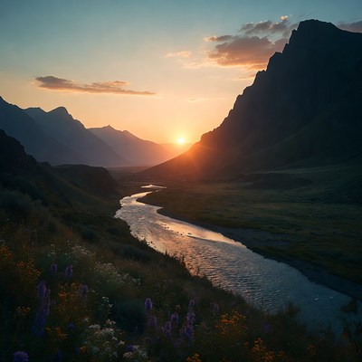 Sunset over river and mountains
