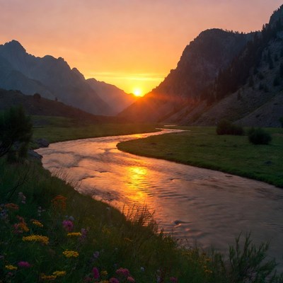 Sunset over a mountain river