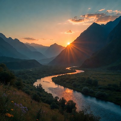 Sunset over mountains and river