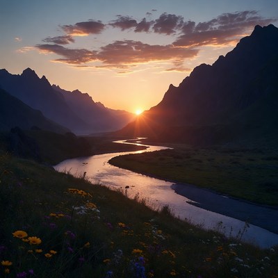 Sunset over mountains and river