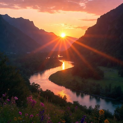 Sunset over river valley landscape