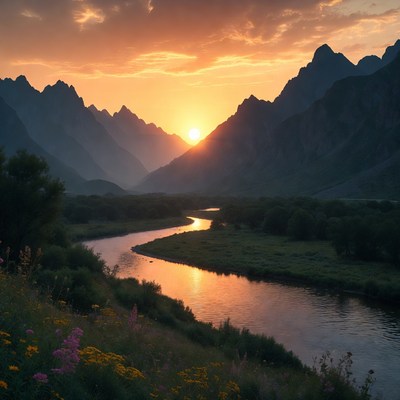 Sunset over mountain river valley