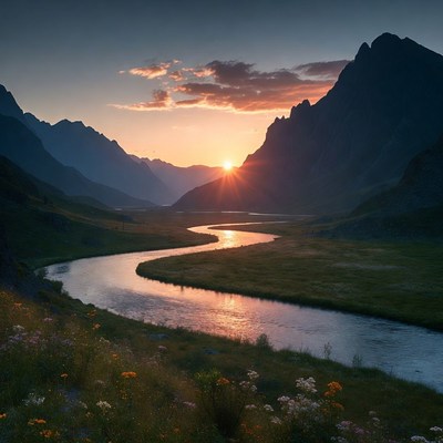 Sunset over mountain river view