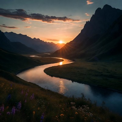 Sunset over winding river in mountains
