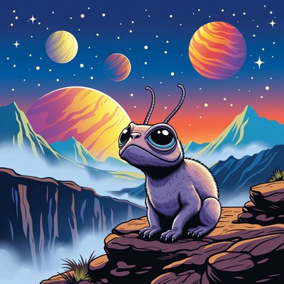 Alien creature with planets in background