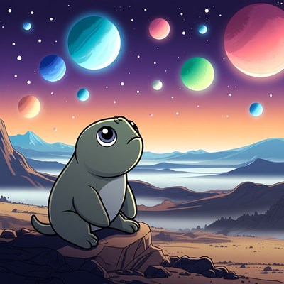 Cute creature gazes at planets in space