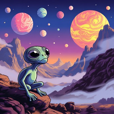 Alien on rocky landscape with planets