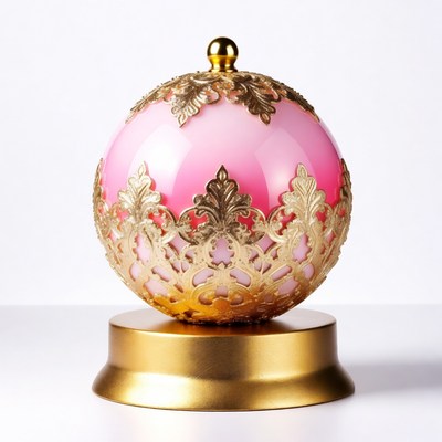 Decorative pink and gold ornament on display