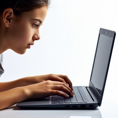 Young person focused on laptop